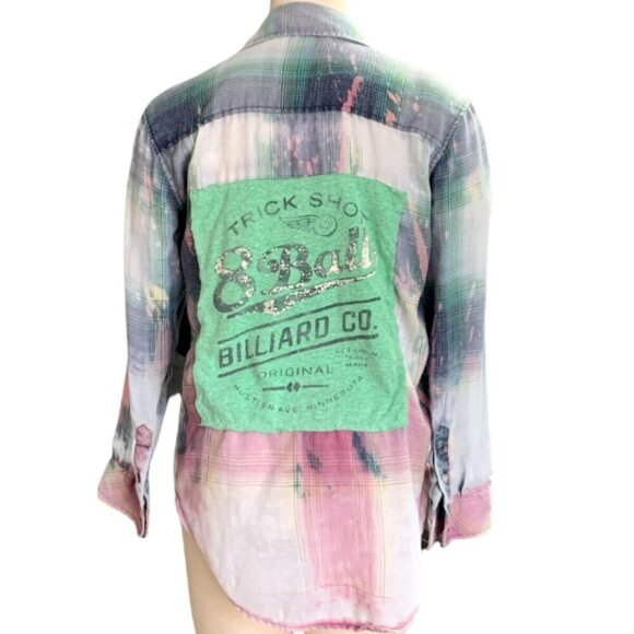 Ombre Plaid Tie Dye Graphic Button-Down Shirt Trick Shot 8 Ball Billiard Co #1E - Picture 5 of 6